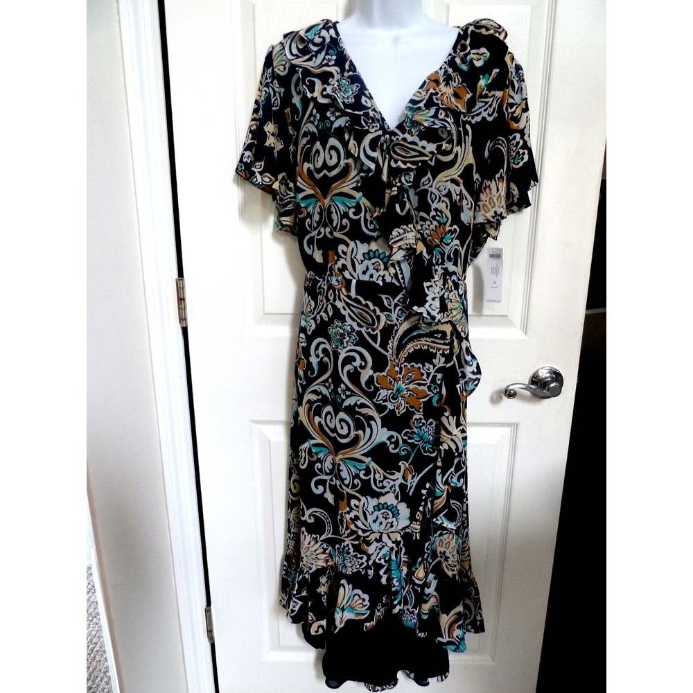 NWT CHICO'S Sz 3=16, XL Midi Dress Ruffle Wrap Paisley Professional Career $179.